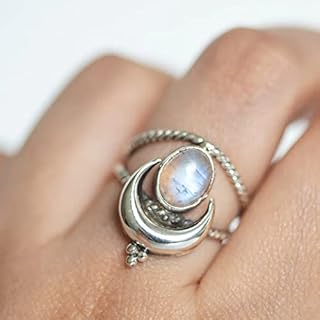 925 Silver Plated Vintage Moonlight Gemstone Moon Ring Boho Twisted Rope Crescent Band Natural Moonstone Birthstone Solitaire Ring for Women Jewelry Gift Size 6-10