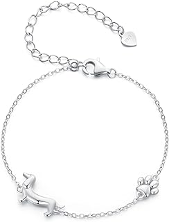 Dazzling Sterling Silver Dog Charm Bracelet with Cubic Zirconia, Link Chain, and Lobster Claw Clasp for Dog Moms and Pet Lovers- Paw Print/ Dachshund Design