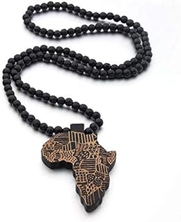 COLORFUL BLING Multicolor 8MM Wooden Bead Chain African Hip-hop Africa Map Pendant Necklace for Men Boys Natural Wood Jewelry