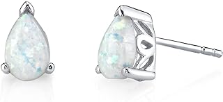Peora Created White Opal Stud Earrings in Sterling Silver, Solitaire Teardrop Pear Shape, 8x5mm, 1.50 Carats total, Scroll Design, Friction Backs